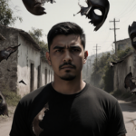 Noel Yanes is shown in a solemn expression with broken masks surrounding him.