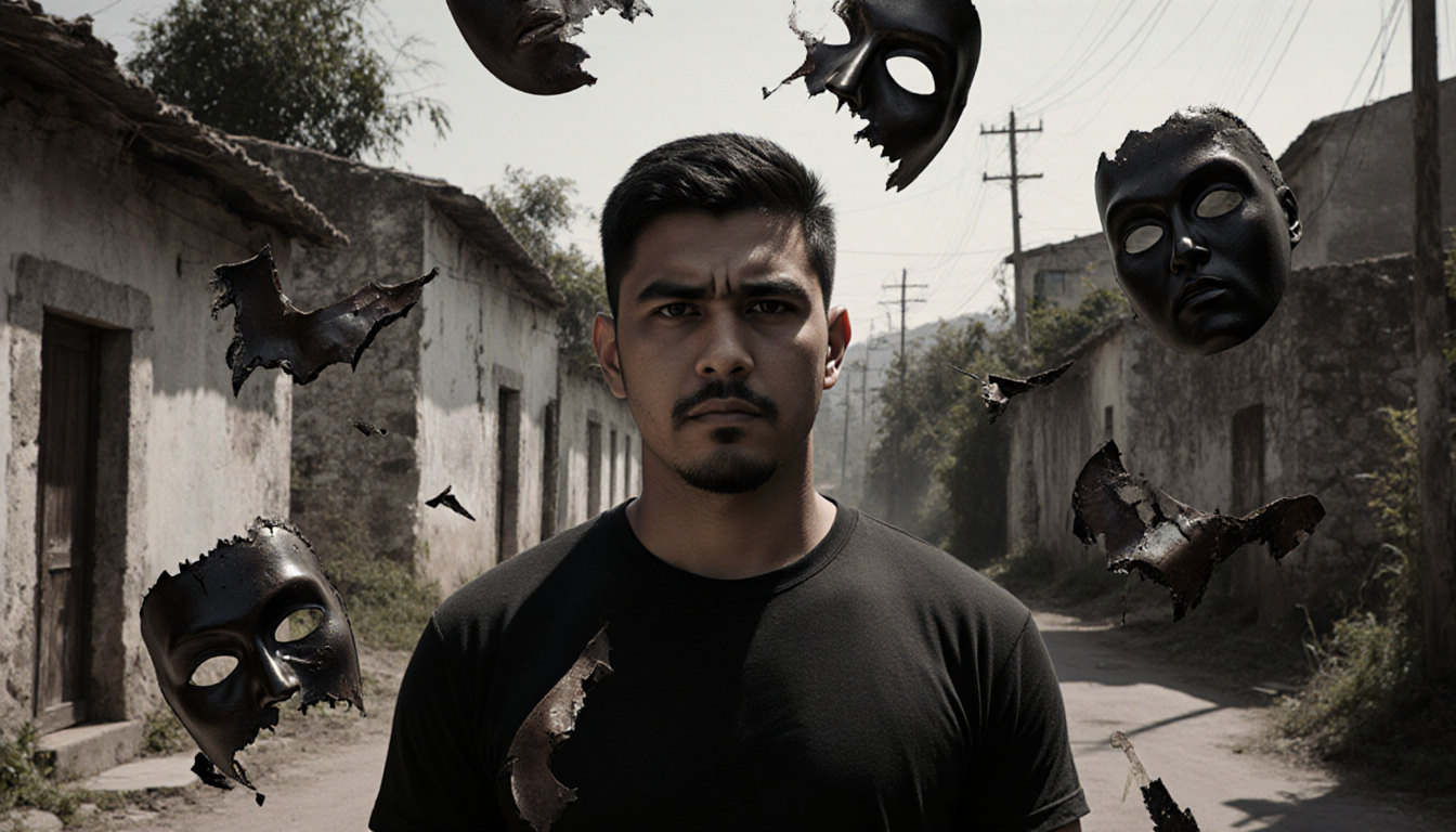 Noel Yanes is shown in a solemn expression with broken masks surrounding him.
