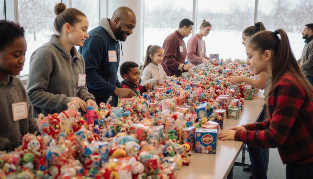 Volunteers sort gifts for children with colorful toys stacked high on tables near Delaware
