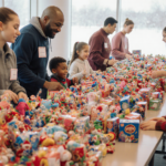 Volunteers sort gifts for children with colorful toys stacked high on tables near Delaware