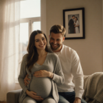 Hailee Steinfeld cradling her baby bump in a cozy living room setting with Josh Allen by her side.