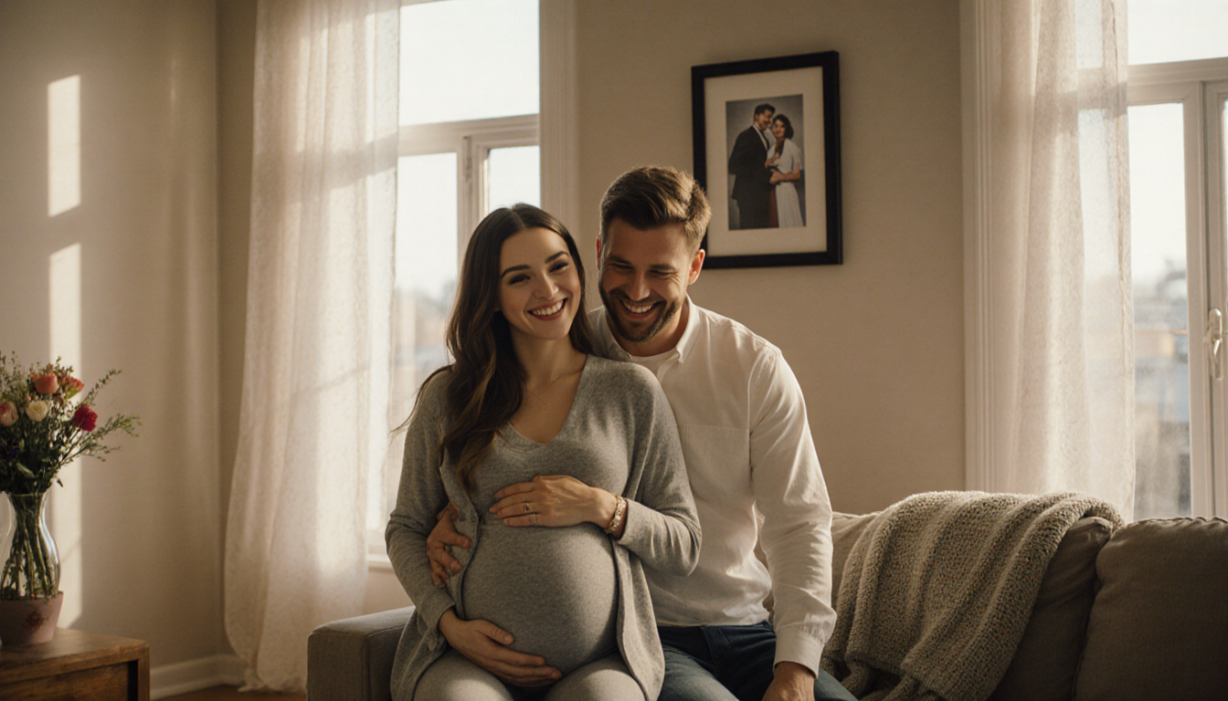 Hailee Steinfeld cradling her baby bump in a cozy living room setting with Josh Allen by her side.
