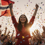 María Corina Machado stands proudly with cheering crowd and Norwegian flag waving behind her.