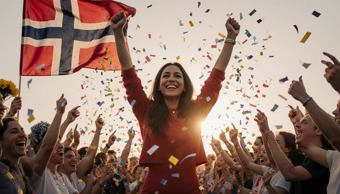 María Corina Machado stands proudly with cheering crowd and Norwegian flag waving behind her.