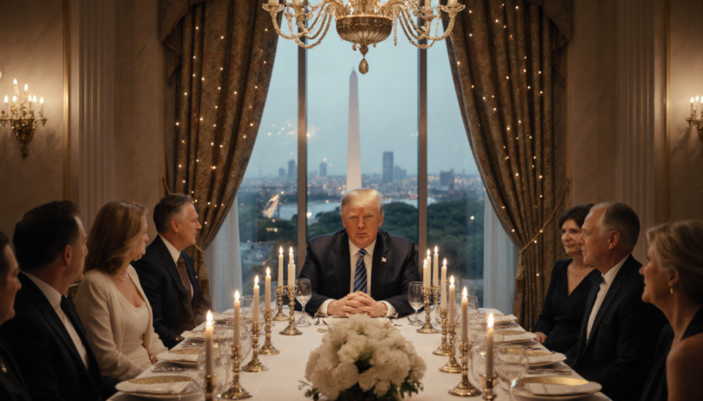 Donald Trump seated at head table is conversing with esteemed honorees in a grand hall setting near Washington D.C. skyline.