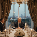 Donald Trump seated at head table is conversing with esteemed honorees in a grand hall setting near Washington D.C. skyline.