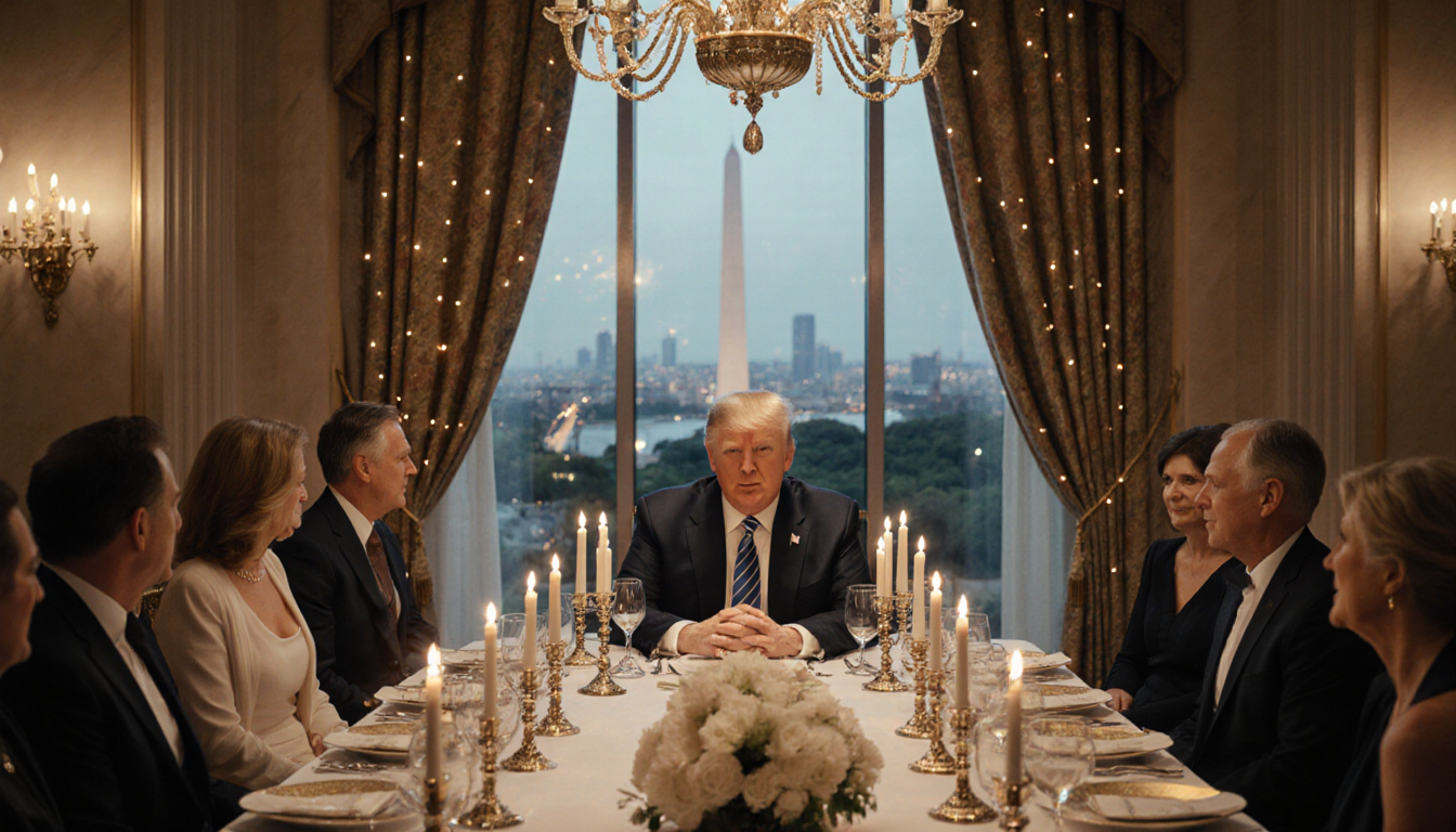 Donald Trump seated at head table is conversing with esteemed honorees in a grand hall setting near Washington D.C. skyline.