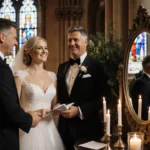 Holly Ramsay exchanging vows surrounded by lush greenery and soft candlelight, beaming groom Gordon Ramsay smiling in pride.