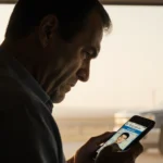 Father holding phone with faint location image on screen and blurred police car in background.