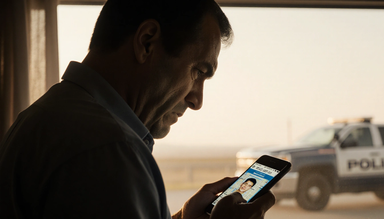 Father holding phone with faint location image on screen and blurred police car in background.