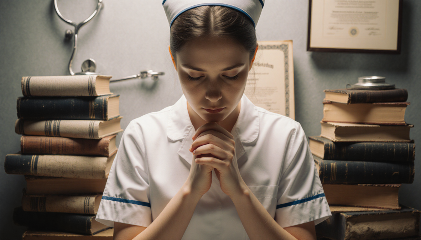 Young nurse clasps hands together with a stack of worn textbooks near medical equipment behind her.