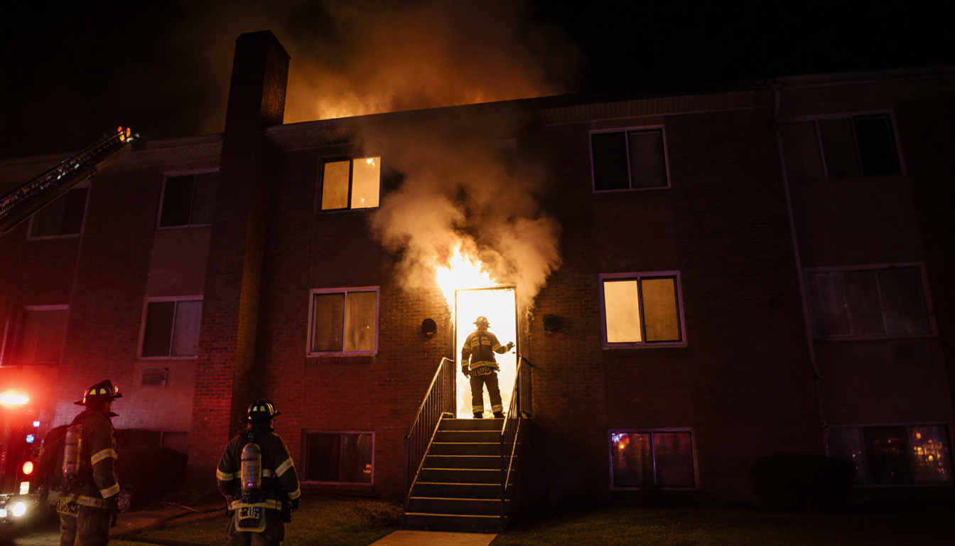 Firefighters suppressing apartment fire outside basement door with flames licking walls and smoke rising from chimney