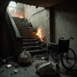 Flames lick the collapsed staircase with a shattered wheelchair and medical bag beside it and emergency responders outside.