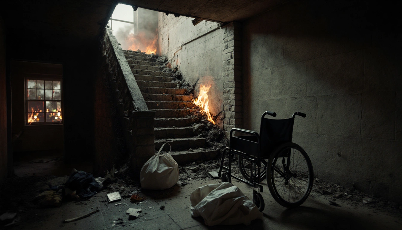 Flames lick the collapsed staircase with a shattered wheelchair and medical bag beside it and emergency responders outside.