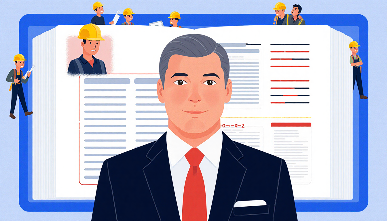 Commissioner Basil Merenda stands before a building codes book with a redacted section and contractors look on.