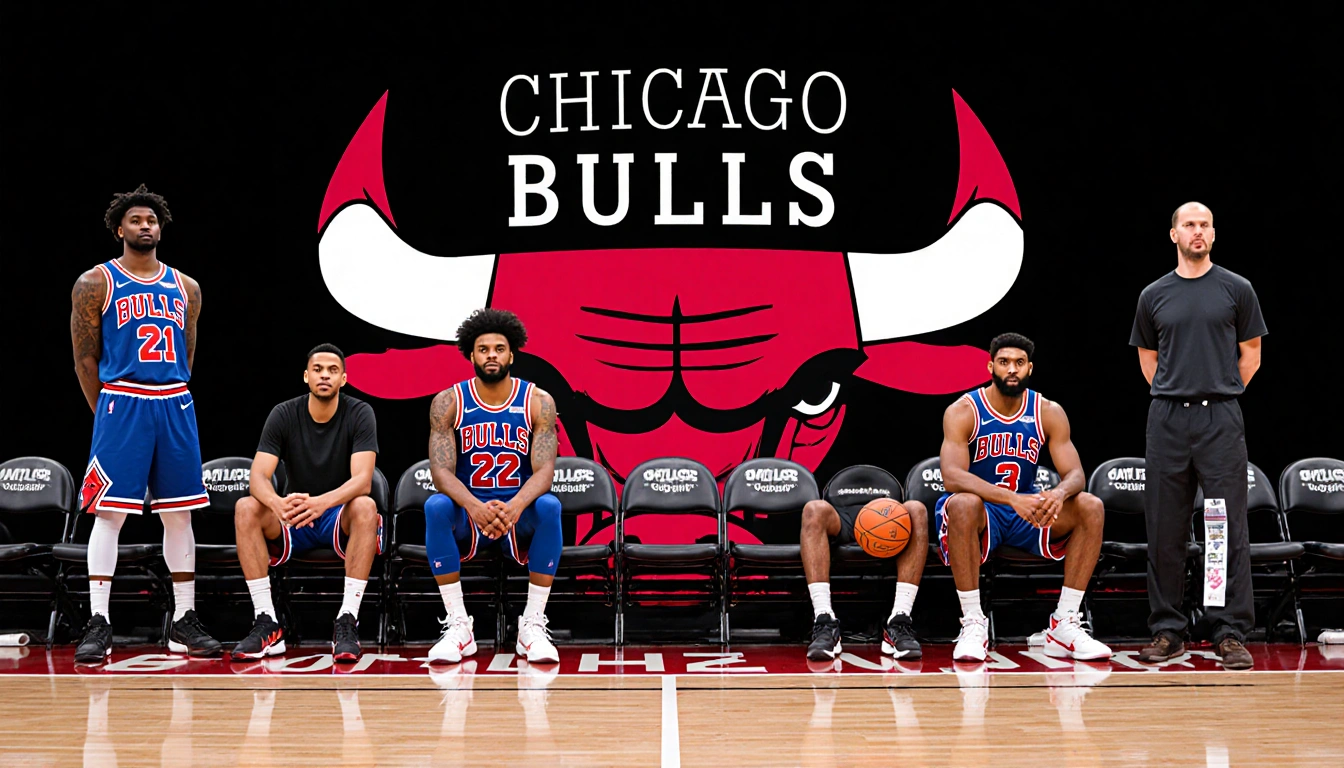 Players line up before the bench with Chicago Bulls logo in background and basketball court elements.