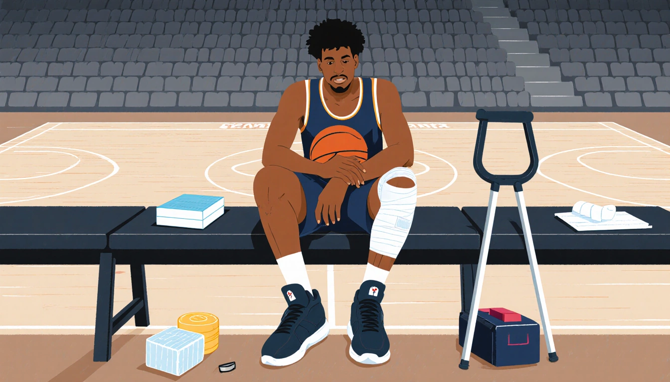 Basketball player sits on bench with cast on injured knee and crutches beside muted court background