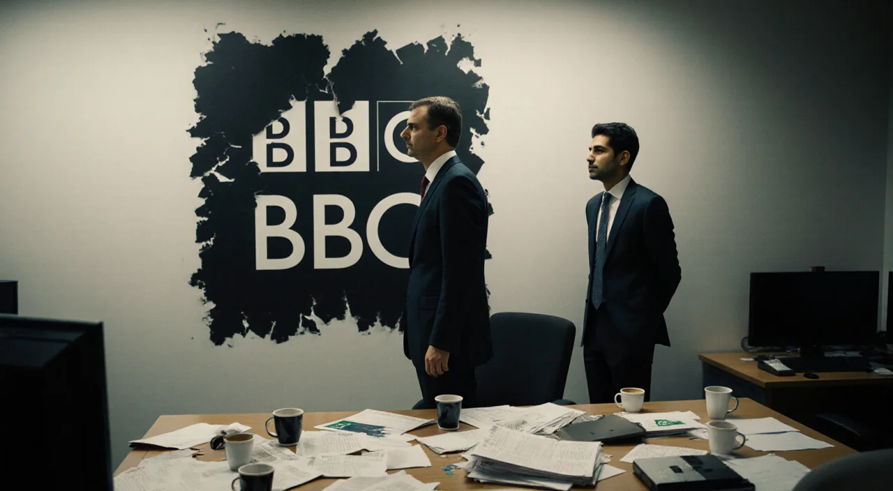 Executive stepping down at newsroom desk with scattered papers and fading BBC logo with Samir Shah watching in shadow