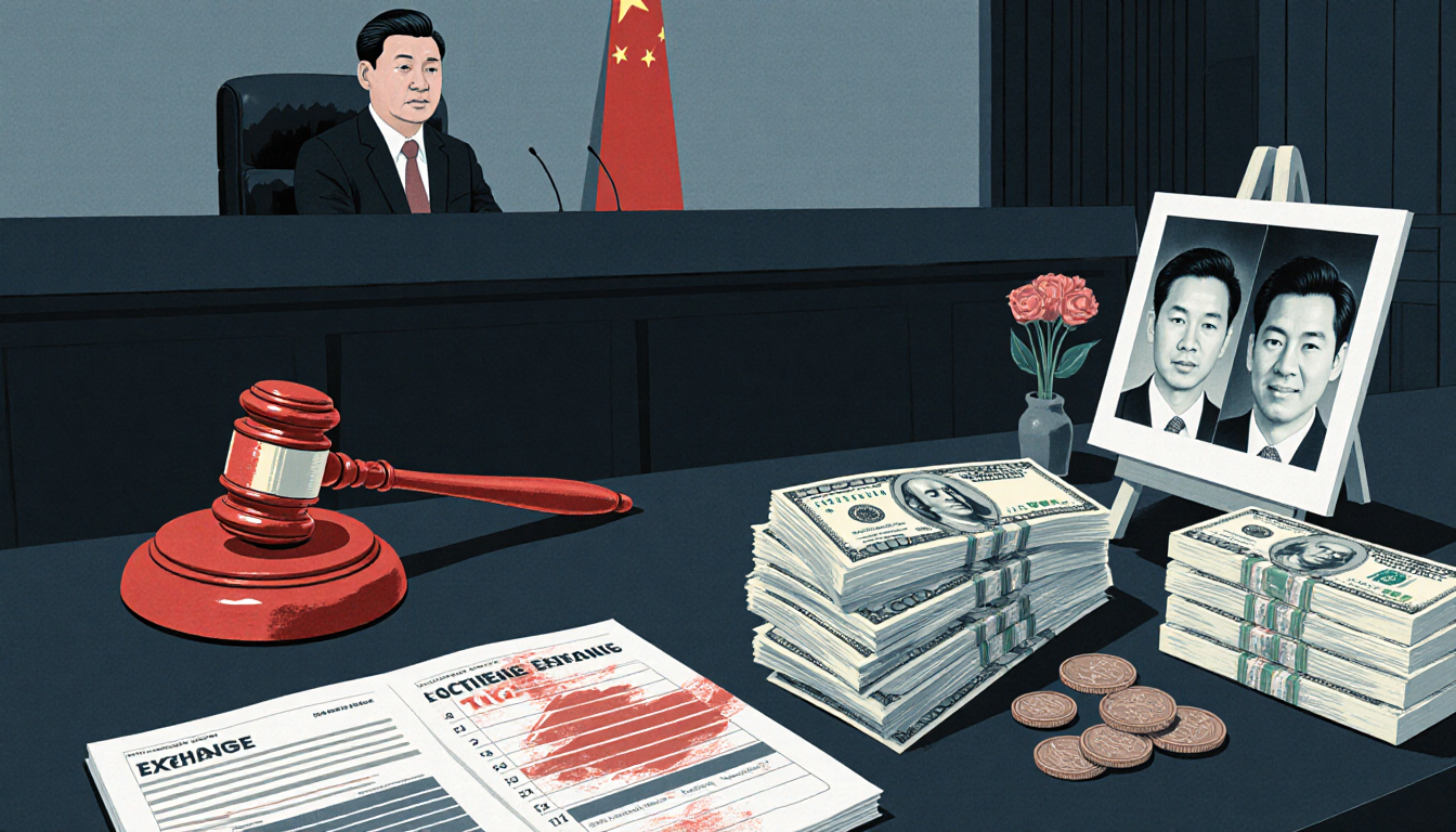 Judge bench holding red gavel with stack of yuan bills and family photos nearby in a solemn courtroom