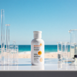 Bottle presenting sunscreen with lab equipment on white countertop and sky gradient