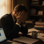 Ben Sasse sits exhausted with head in hands beside a stack of medical papers a cup of coffee and a laptop X Post screen