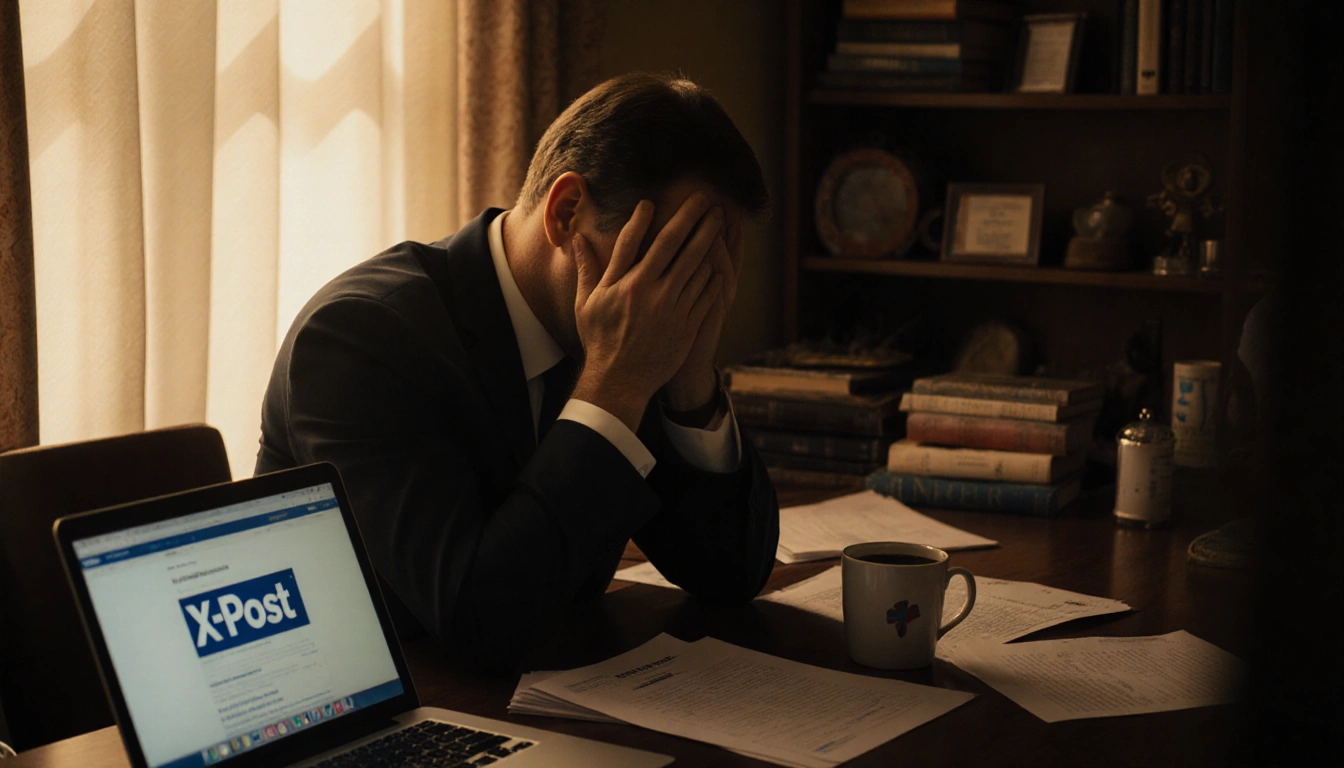Ben Sasse sits exhausted with head in hands beside a stack of medical papers a cup of coffee and a laptop X Post screen
