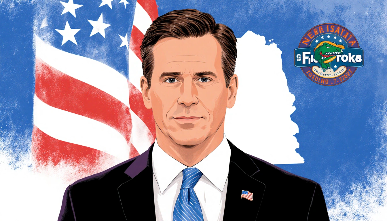 Ben Sasse standing in a suit with Nebraska flag and University of Florida logo in background.