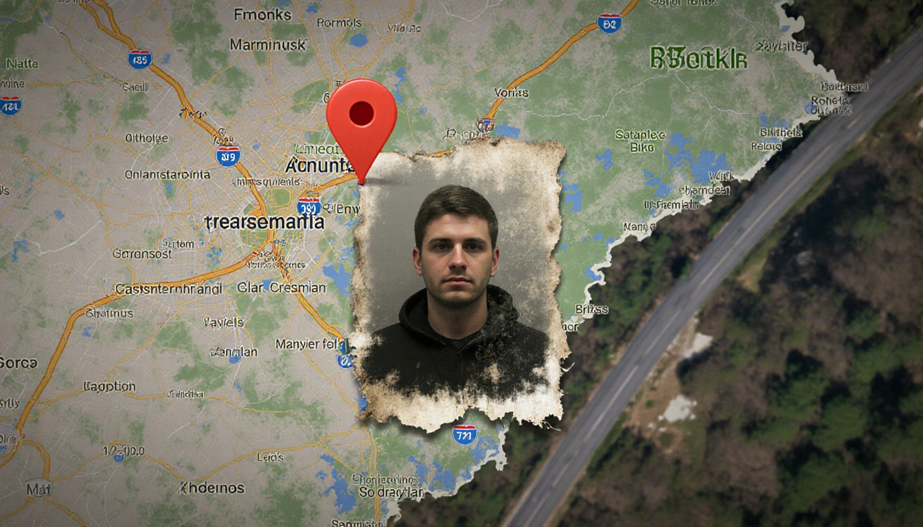 Aerial map of Berks County pinning a suspicious area with faded image of Travelle Martin overlayed