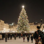 Scouts playing bagpipes with a giant Christmas tree and snowy square.