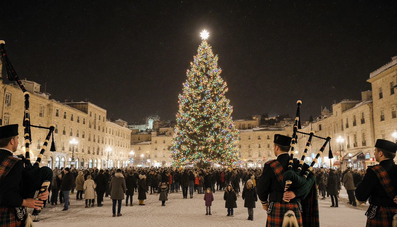 Scouts playing bagpipes with a giant Christmas tree and snowy square.