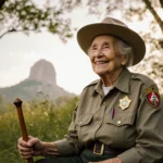 Elderly woman sits in ranger uniform with walking stick beside her in park with trees and historic monument in background
