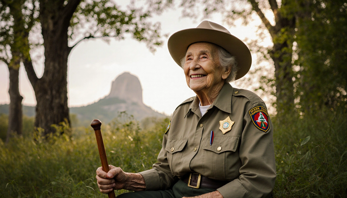 Elderly woman sits in ranger uniform with walking stick beside her in park with trees and historic monument in background
