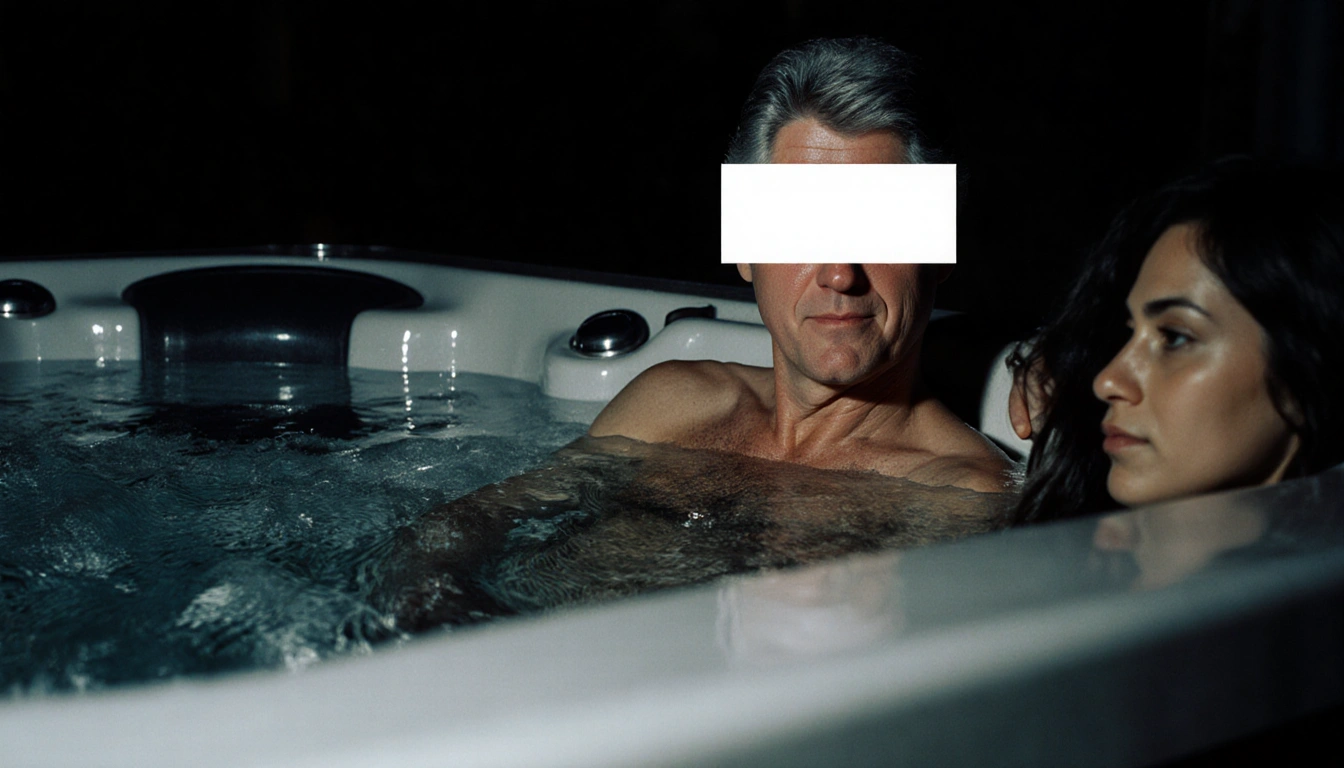 Bill Clinton reclining in dim hot tub with redacted face beside him and subtle water reflections