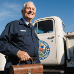 William G. Billy Robinson standing proudly holding a worn leather toolbox with uniform and lifelong service and work truck