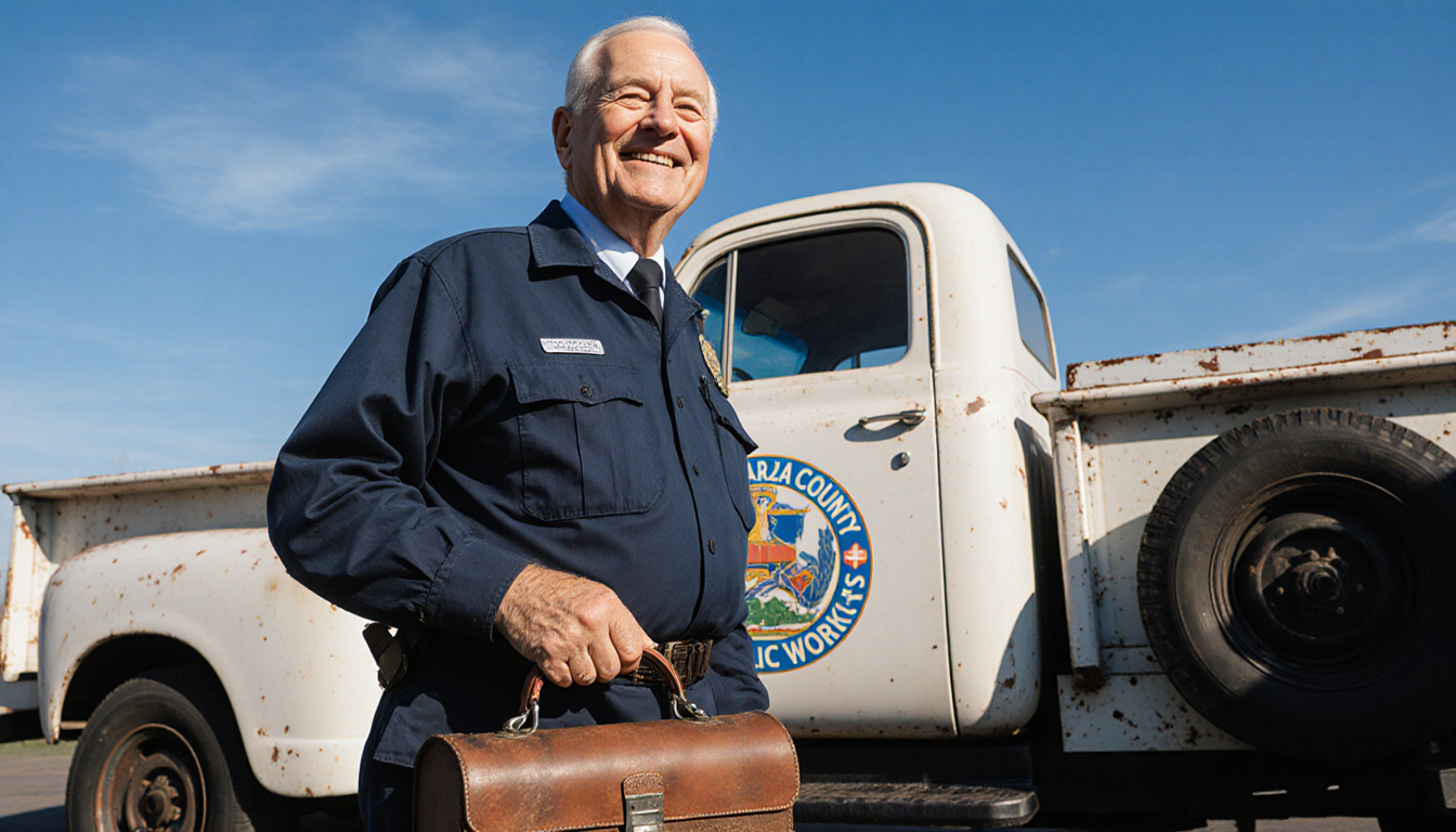 William G. Billy Robinson standing proudly holding a worn leather toolbox with uniform and lifelong service and work truck
