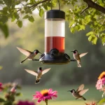 Robins feeding at the Birdfy Feeder with lush backyard greenery and flowers