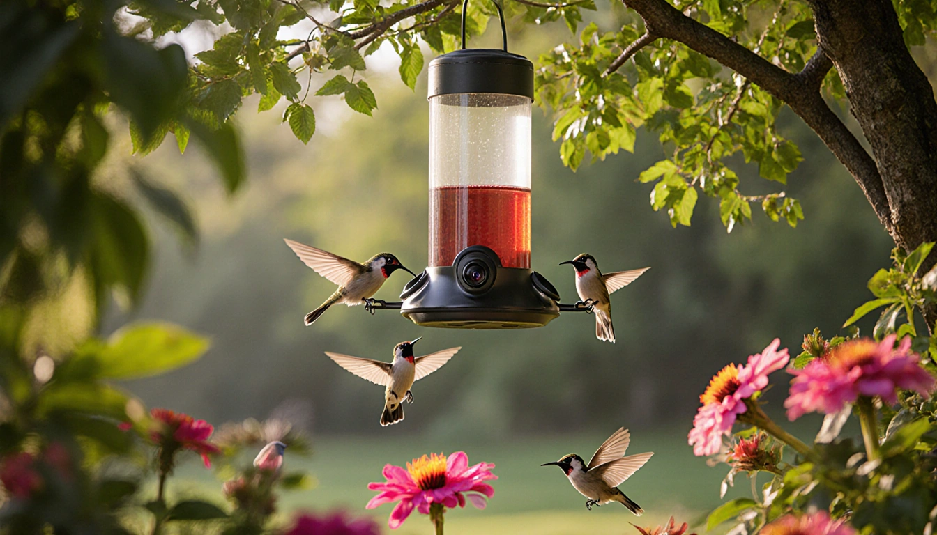 Robins feeding at the Birdfy Feeder with lush backyard greenery and flowers