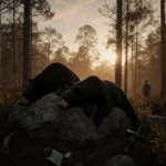 Two black bear carcasses lie on a rocky outcrop in a dusk Florida forest with scattered trees and golden light.