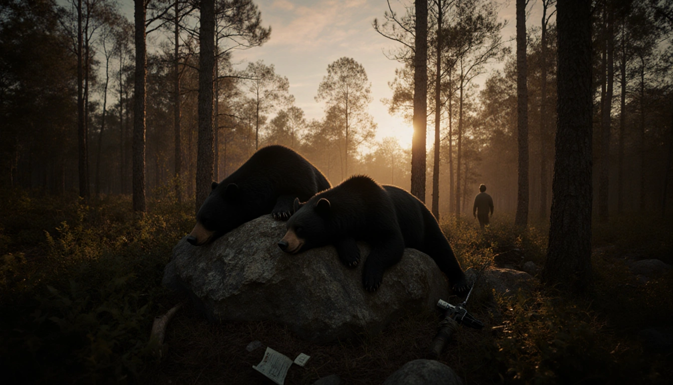 Two black bear carcasses lie on a rocky outcrop in a dusk Florida forest with scattered trees and golden light.