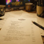 Script pages spread across wooden desk with lighting and faded coffee cups beside a Black Panther 2 script featuring Boseman