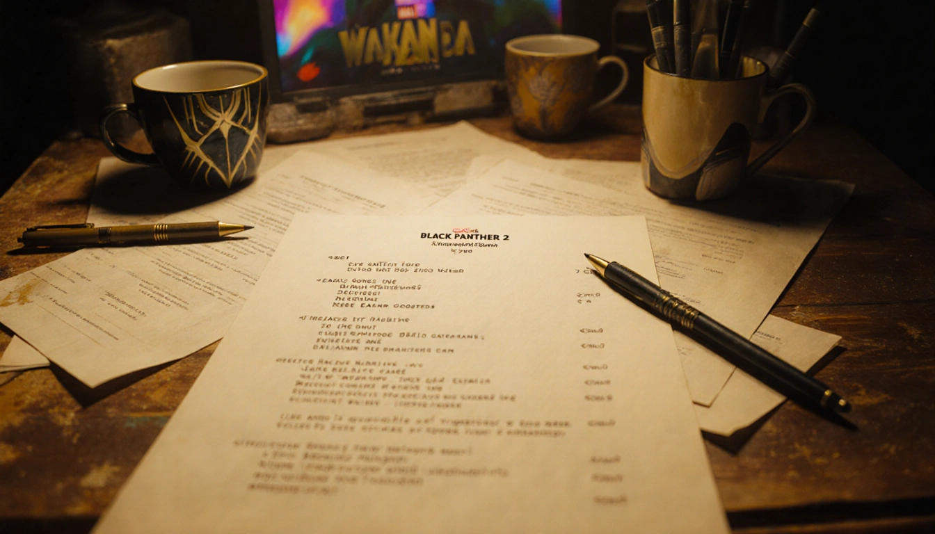 Script pages spread across wooden desk with lighting and faded coffee cups beside a Black Panther 2 script featuring Boseman
