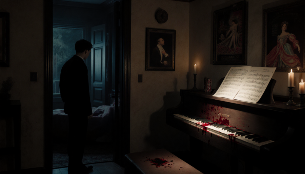 Son gazing at bloodstained piano keyboard and shattered music sheet in dimly lit home.