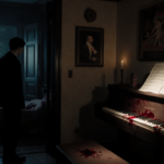 Son gazing at bloodstained piano keyboard and shattered music sheet in dimly lit home.