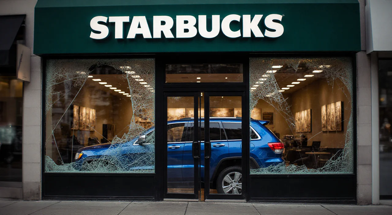 Blue SUV parked inside Starbucks shop with shattered glass and lights frame against streets.