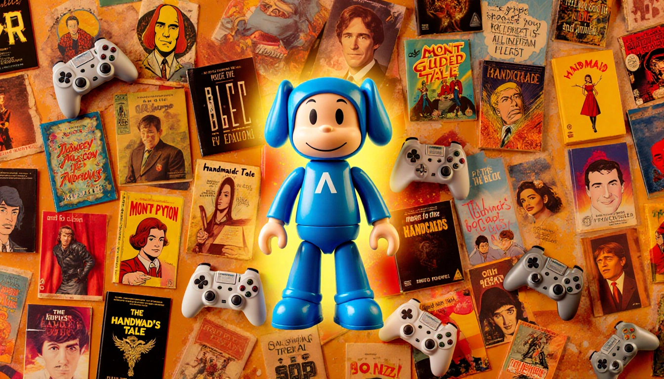 Bluey figurine stands amid Monty Python characters and Handmaid