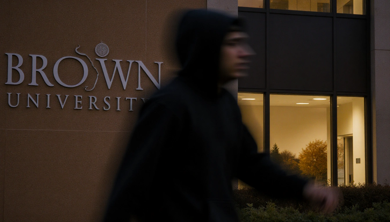 Suspect walking away from Brown University building at dusk with hoodie and fading autumn landscape in windows
