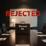 Briefcase sits on table with scattered documents and fiery red “Rejected” on whiteboard in boardroom