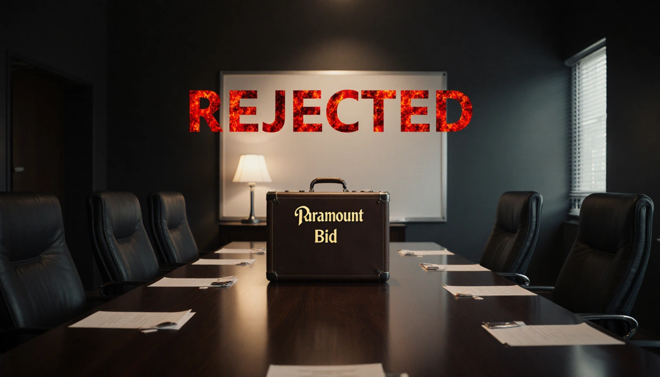 Briefcase sits on table with scattered documents and fiery red “Rejected” on whiteboard in boardroom