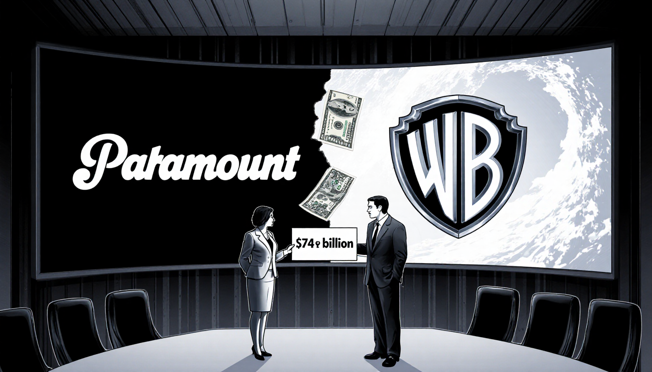 Two executives holding a $30 per share sign with Paramount and Warner Bros logos cash wave.