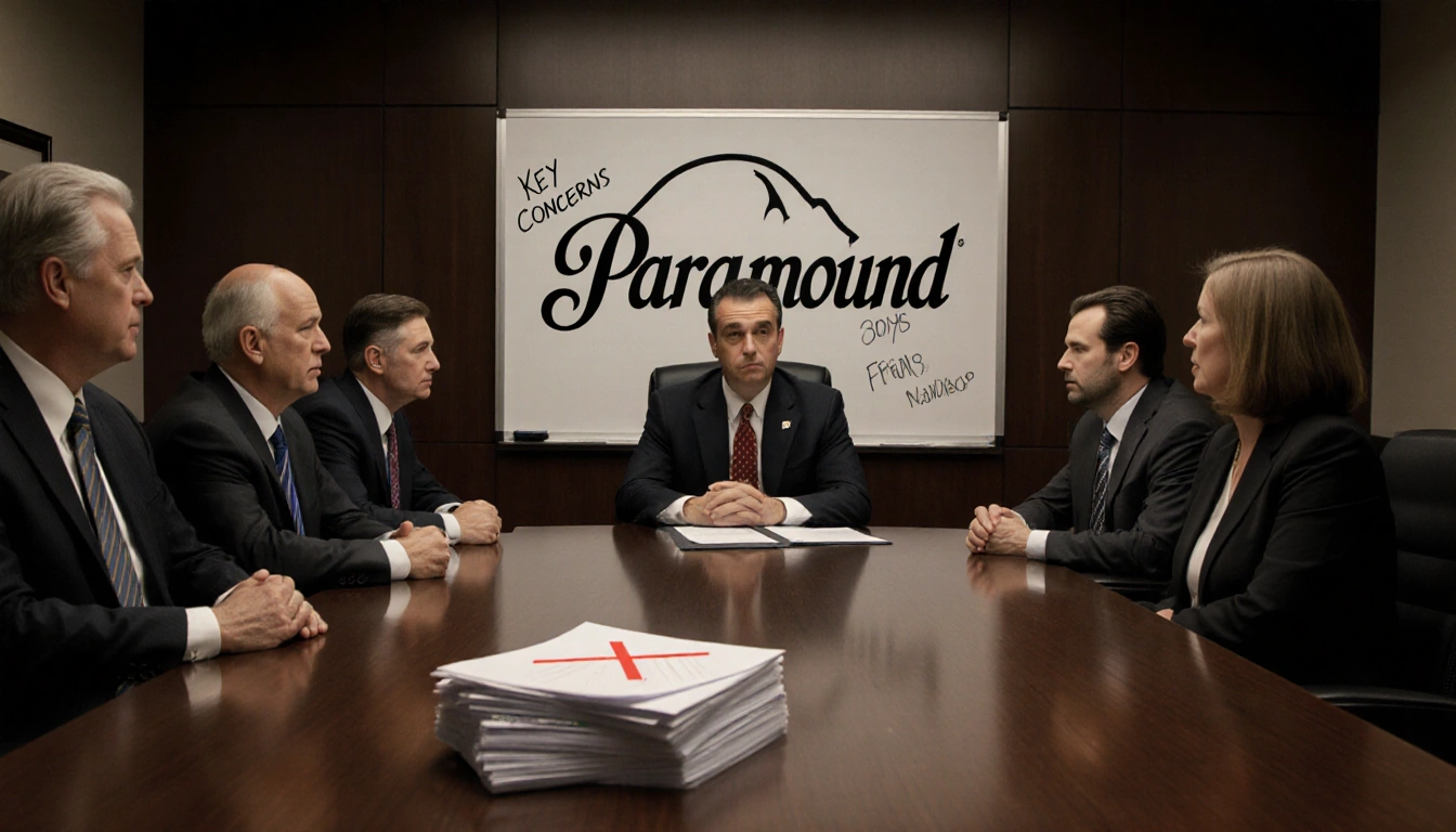 Seven executives sit around a wooden table with a rejected proposal and whiteboard showing key concerns